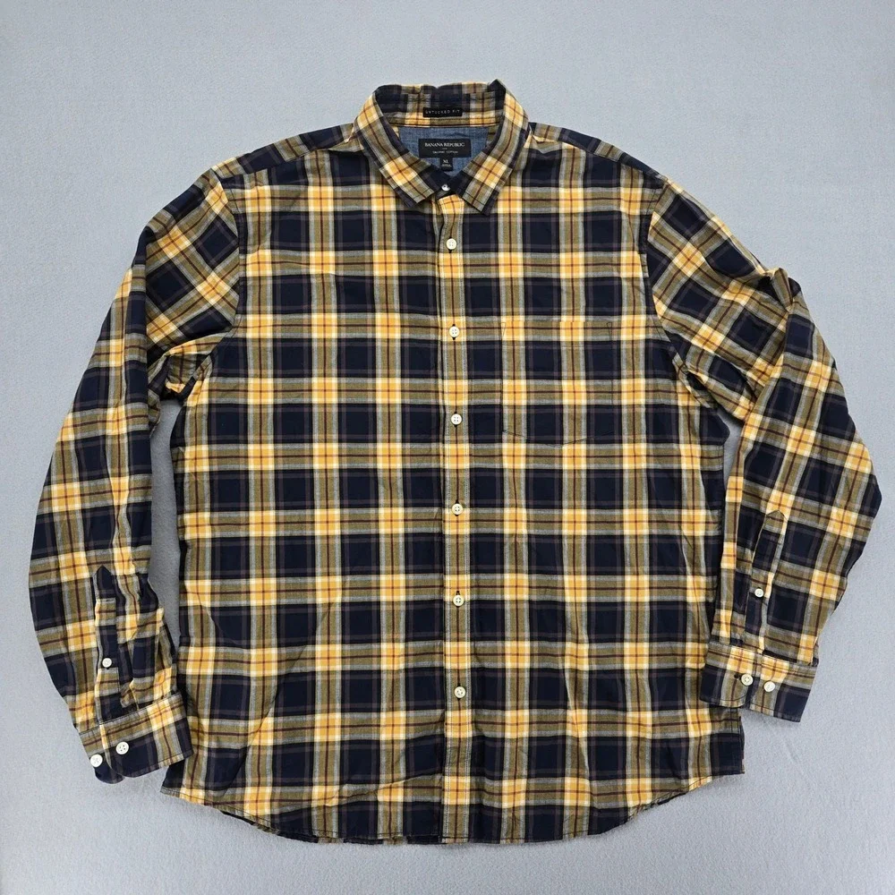 Banana Republic Plaid Untucked Fit Button Down Shirt Yellow Blue Cotton XL